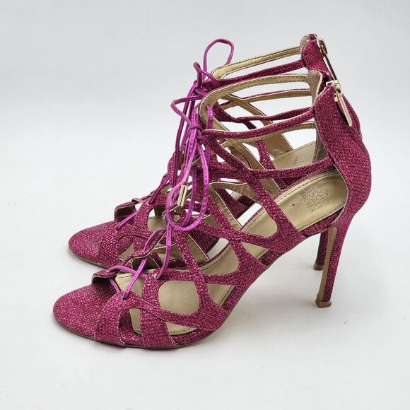 Belle Badgley Mischka Zandra Lace Up Strappy Pink Glitter Heels Size 7 - Picture 4 of 9